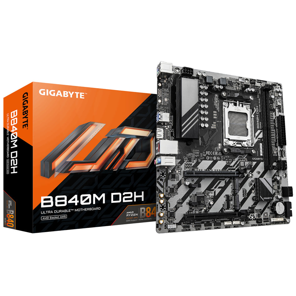GIGABYTE B840M D2H Motherboard - AMD Ryzen 9000 CPUs, 5+2+2 Phases VRM, up to 7600MHz DDR5, 1xPCIe 4.0 + 1xPCIe 3.0 M.2, 2.5GbE LAN, USB 3.2 Gen 1