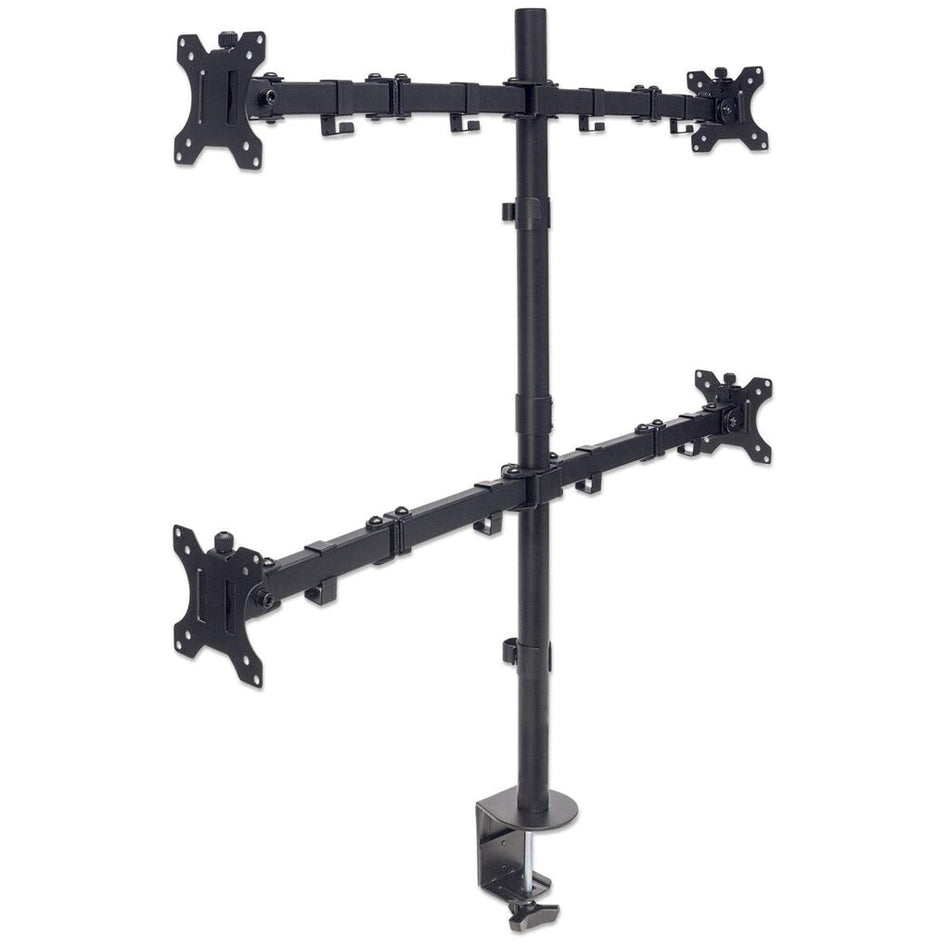 Manhattan TV & Monitor Mount, Desk, Double-Link Arms, 4 screens, Screen Sizes: 10-27", Black, Stand or Clamp Assembly, Quad Screens, VESA 75x75 to 100x100mm, Max 8kg (each), Lifetime Warranty