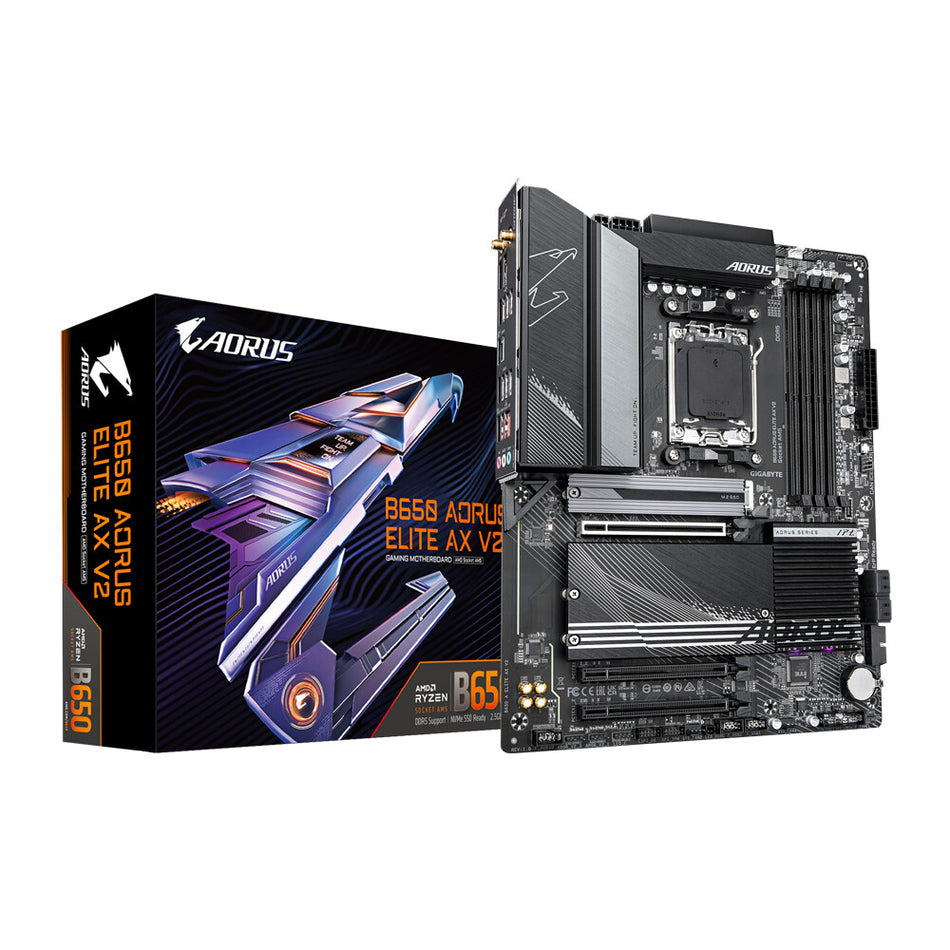 GIGABYTE B650 AORUS ELITE AX V2 Motherboard - AMD Ryzen 9000 Series CPUs, 12+2+2 Phases VRM, up to 8000MHz DDR5 (OC), 1xPCIe 5.0 + 2xPCIe 4.0 M.2, 2.5GbE LAN, WIFI 6E, USB 3.2 Gen 2