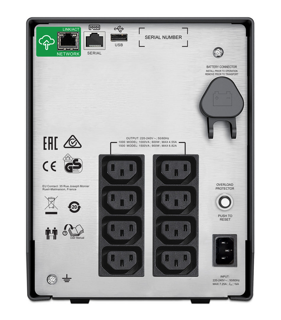 APC Smart-UPS C, Line Interactive, 1000VA, Tower, 230V, 8x IEC C13 outlets, SmartConnect port, USB and Serial communication, AVR, Graphic LCD