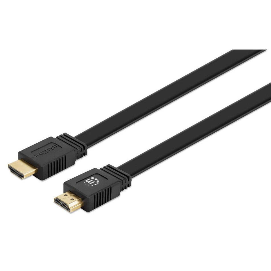 Manhattan HDMI Cable with Ethernet (Flat), 4K@60Hz (Premium High Speed), 2m, Male to Male, Black, Ultra HD 4k x 2k, Fully Shielded, Gold Plated Contacts, Lifetime Warranty, Polybag