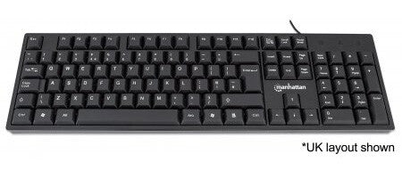 Manhattan Keyboard UK USB Wired, Standard Qwerty layout, Black, Full Size Keys, Cable 1.5m, USB-A connection, Plug and Play, Three Year Warranty, Retail Boxed