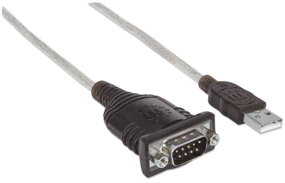 Manhattan USB-A to Serial Converter cable, 1.8m, Male to Male, Serial/RS232/COM/DB9, Prolific PL-2303RA Chip, Black/Silver cable, Three Years Warranty, Polybag