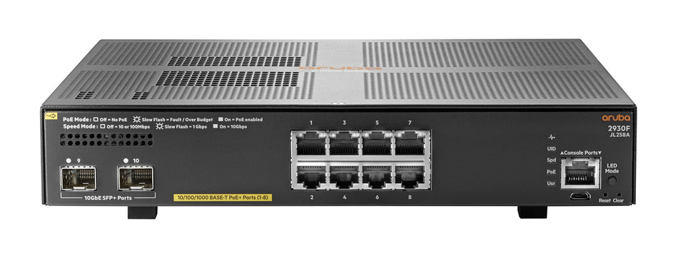 HPE Aruba Networking 2930F 8G PoE+ 2SFP+ Managed L3 Gigabit Ethernet (10/100/1000) Power over Ethernet (PoE) 1U Grey