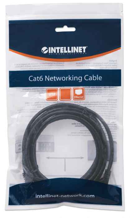 Intellinet Network Patch Cable, Cat6, 1m, Black, CCA, U/UTP, PVC, RJ45, Gold Plated Contacts, Snagless, Booted, Lifetime Warranty, Polybag