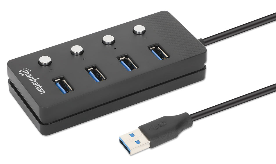 Manhattan USB-C Dock/Hub, Ports (x4) with on/off switch for each port: USB-A (x4), 5 Gbps (USB 3.2 Gen1 aka USB 3.0), Bus or AC powered (optional jack, not included), Cable 1.5m, SuperSpeed USB, Black, Blister