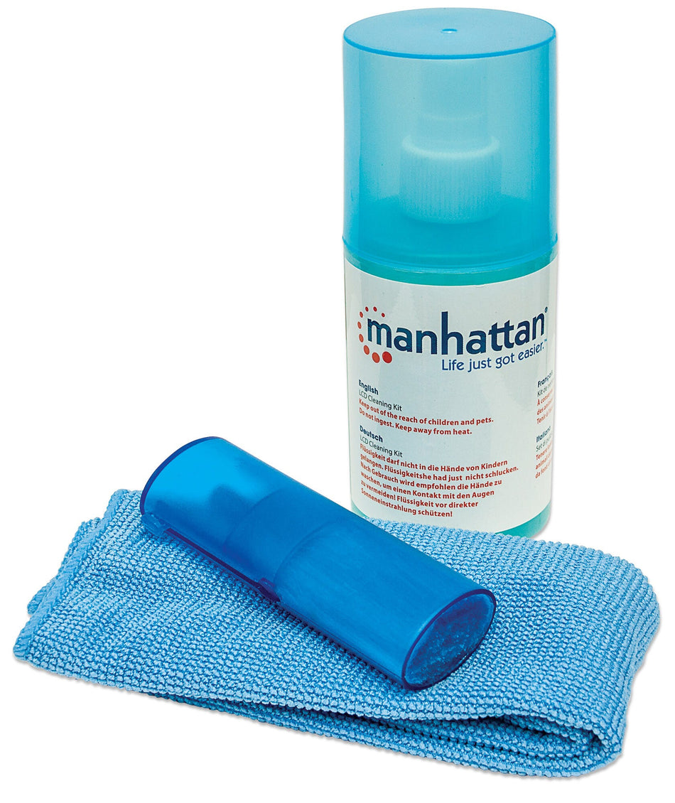 Manhattan LCD Cleaning Kit, Alcohol-free, Includes Cleaning Solution (200ml), Brush and Microfibre Cloth, Ideal for use on monitors/laptops/keyboards/etc, Three Year Warranty, Blister