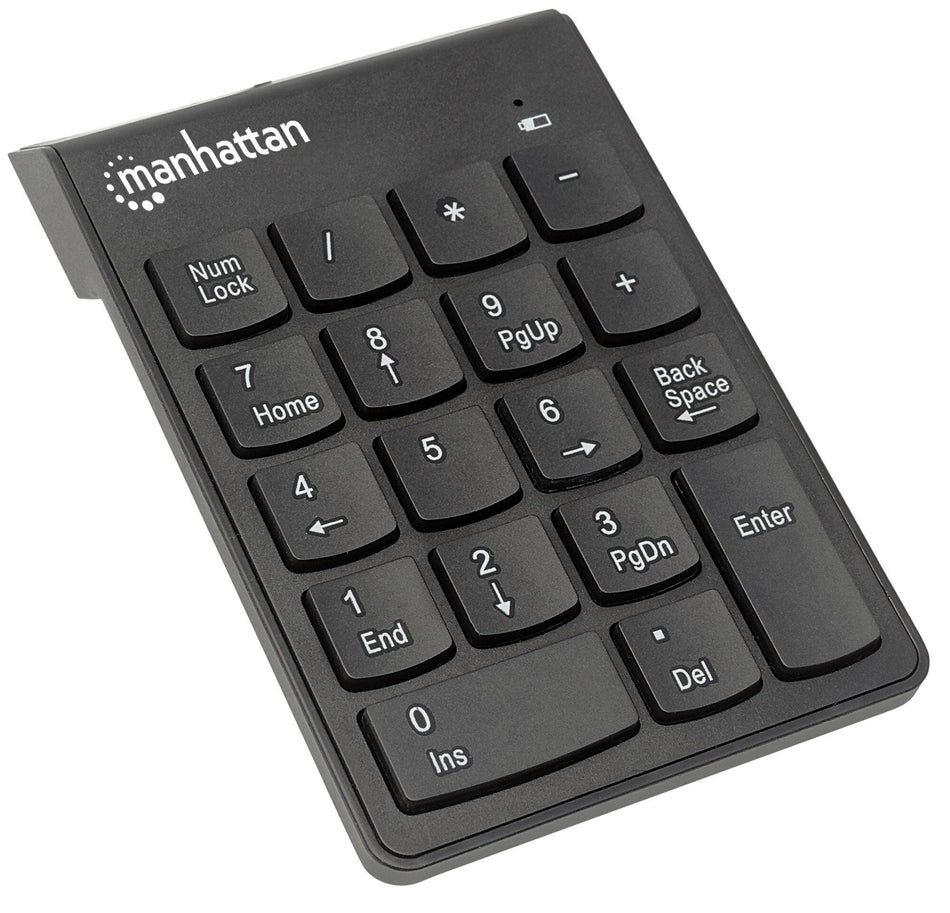 Manhattan Numeric Keypad, Wireless (2.4GHz), USB-A Micro Receiver, 18 Full Size Keys, Black, Membrane Key Switches, Auto Power Management, Range 10m, AAA Battery (included), Windows and Mac, Three Year Warranty, Blister