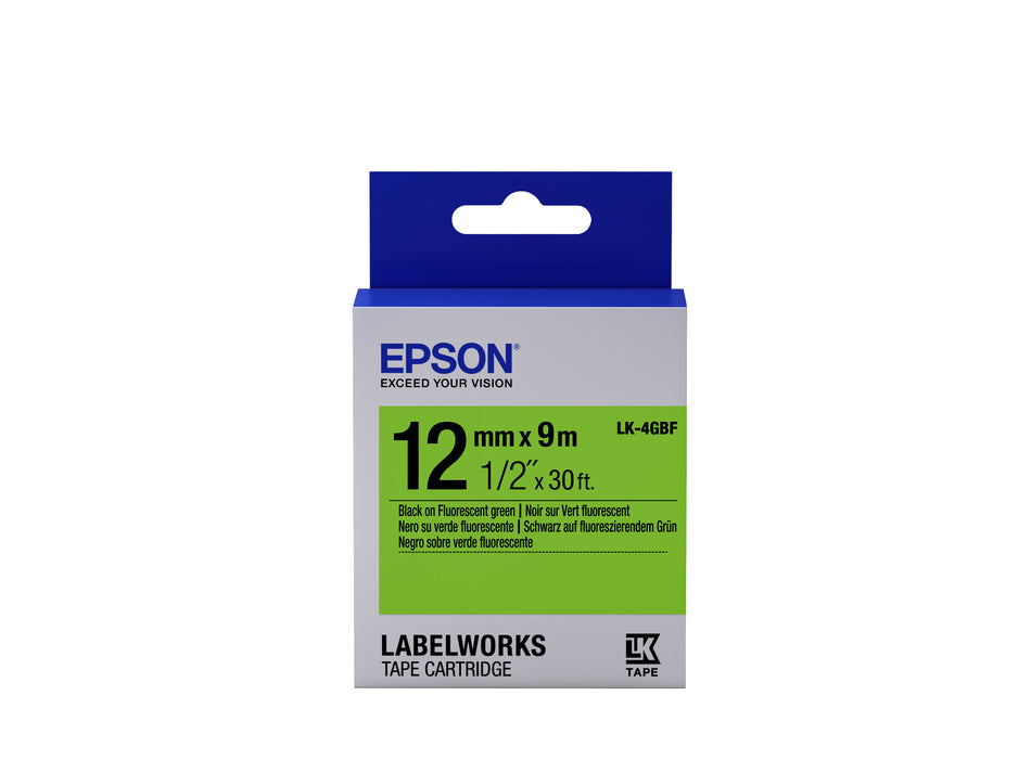 Epson Label Cartridge Fluorescent LK-4GBF Black/Green 12mm (9m)