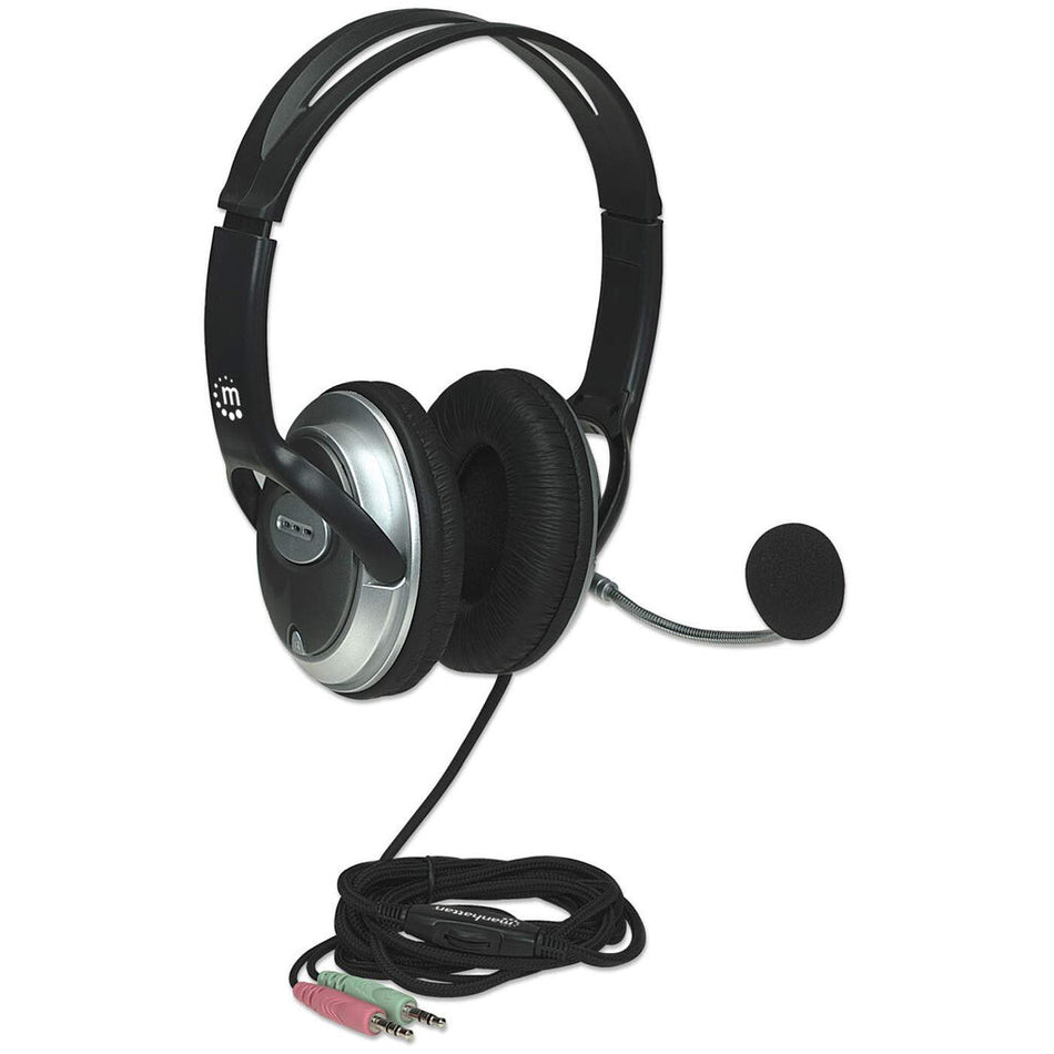 Manhattan Stereo Over-Ear Headset (3.5mm), Microphone Boom (padded), Adjustable Steel Headband, In-Line Volume Control, Ear Cushions, Std 2x 3.5mm stereo jack/plug for audio/mic use, cable 2.5m, 3 Year Warranty