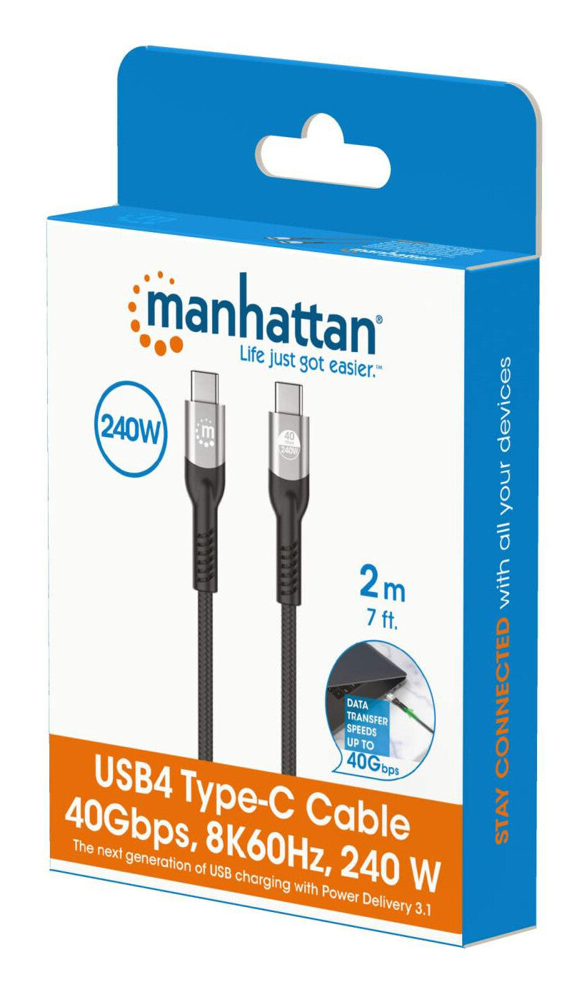 Manhattan USB-C to USB-C Cable (240W USB4), 2m, Male to Male, Black, 40 Gbps, 8K Video, Power Delivery 3.1 (backward compatible with 140/100/65W)Extended Power Range (EPR) charging up to 240W (Note additional USB-C 240W wall charger needed), 3 Year Warran