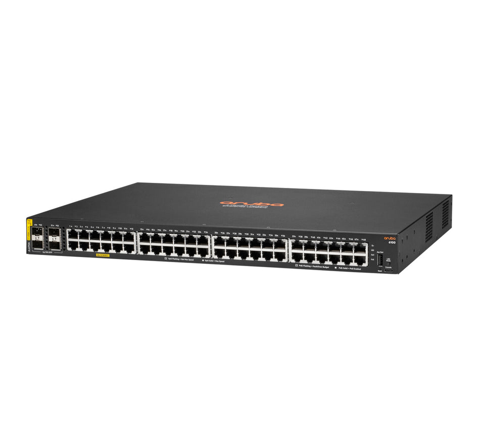 HPE Aruba Networking Aruba 6100 48G Class4 PoE 4SFP+ 370W Managed L3 Gigabit Ethernet (10/100/1000) Power over Ethernet (PoE) 1U Black